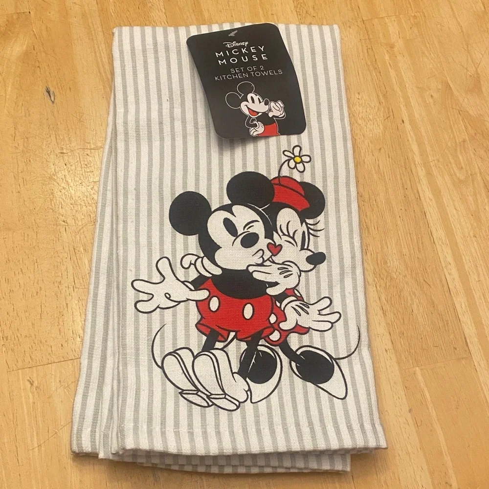 Disney Mickey and Minnie Striped Kitchen Towels w heart 100% cotton